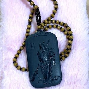 Black Jade Pendant Necklace with Wooden Beads